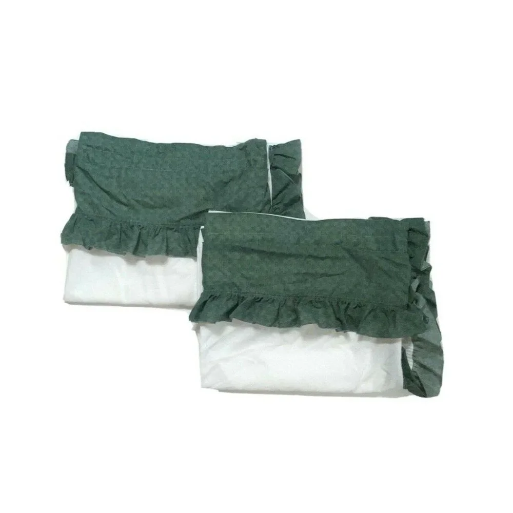 2 Vintage 60s 70s Complete Window Treatments Green White Curtains Handmade Rare